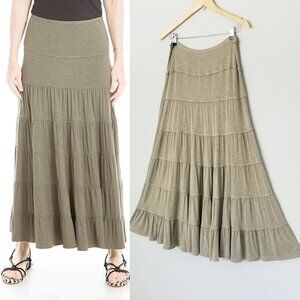 Max Studio Women's Tiered Jersey Knit Ruffle Maxi Skirt Stretch Pull On Comfy L